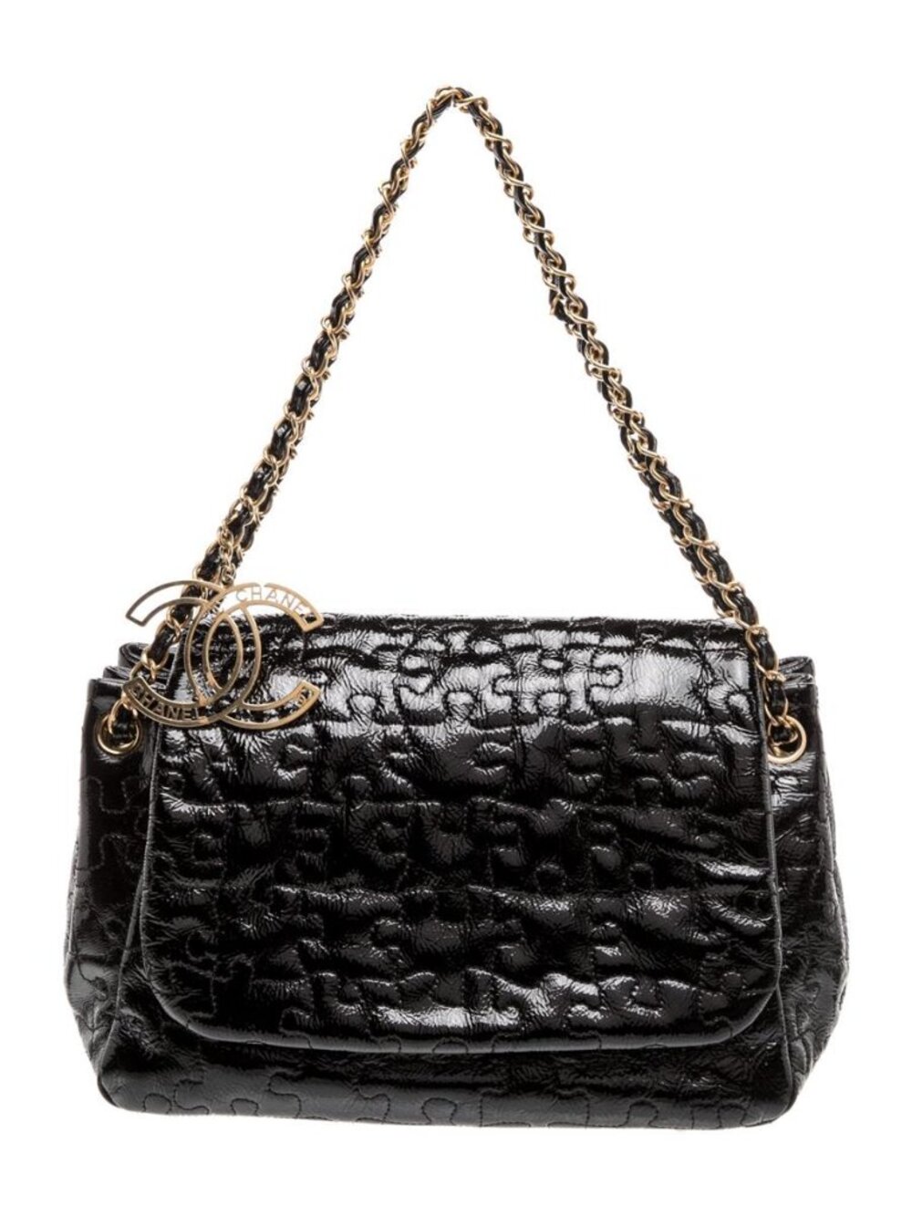 Chanel Vintage Puzzle Accordion Black Patent Leather Flap Bag